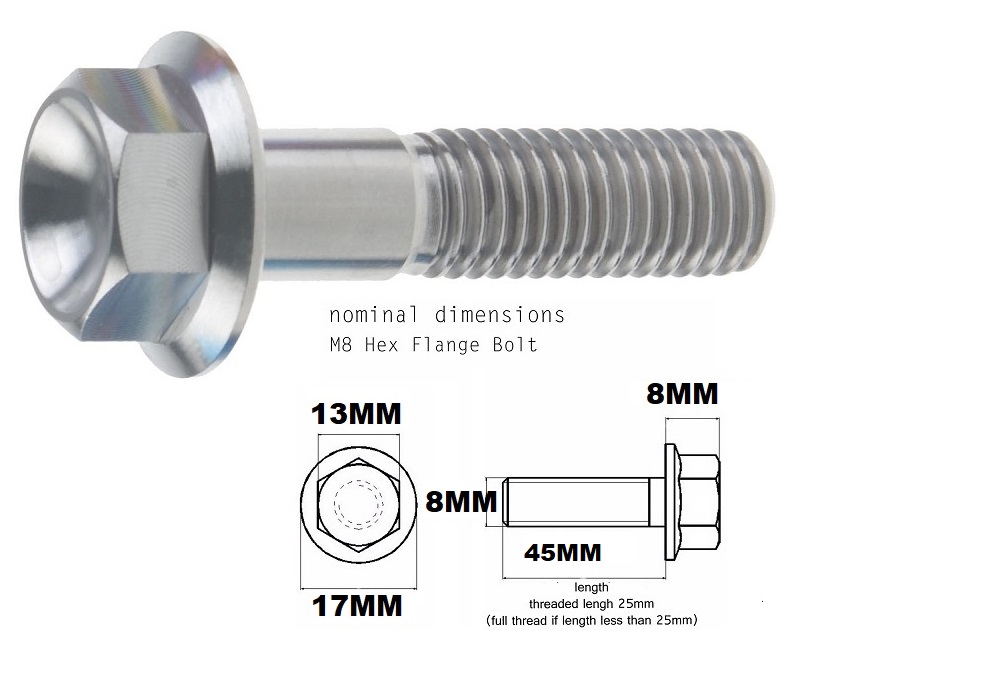 M8X45MM 1.25 THREAD PITCH TITANIUM FLANGE 13MM HEX BOLT GRADE 5